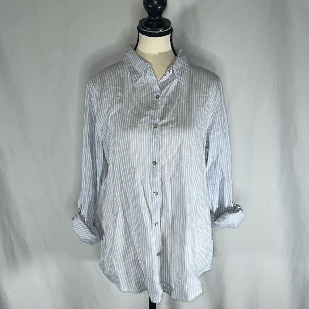 Sigrid Olsen Women's Medium Button Up Shirt Linen Blend Blue Stripe Beach Career